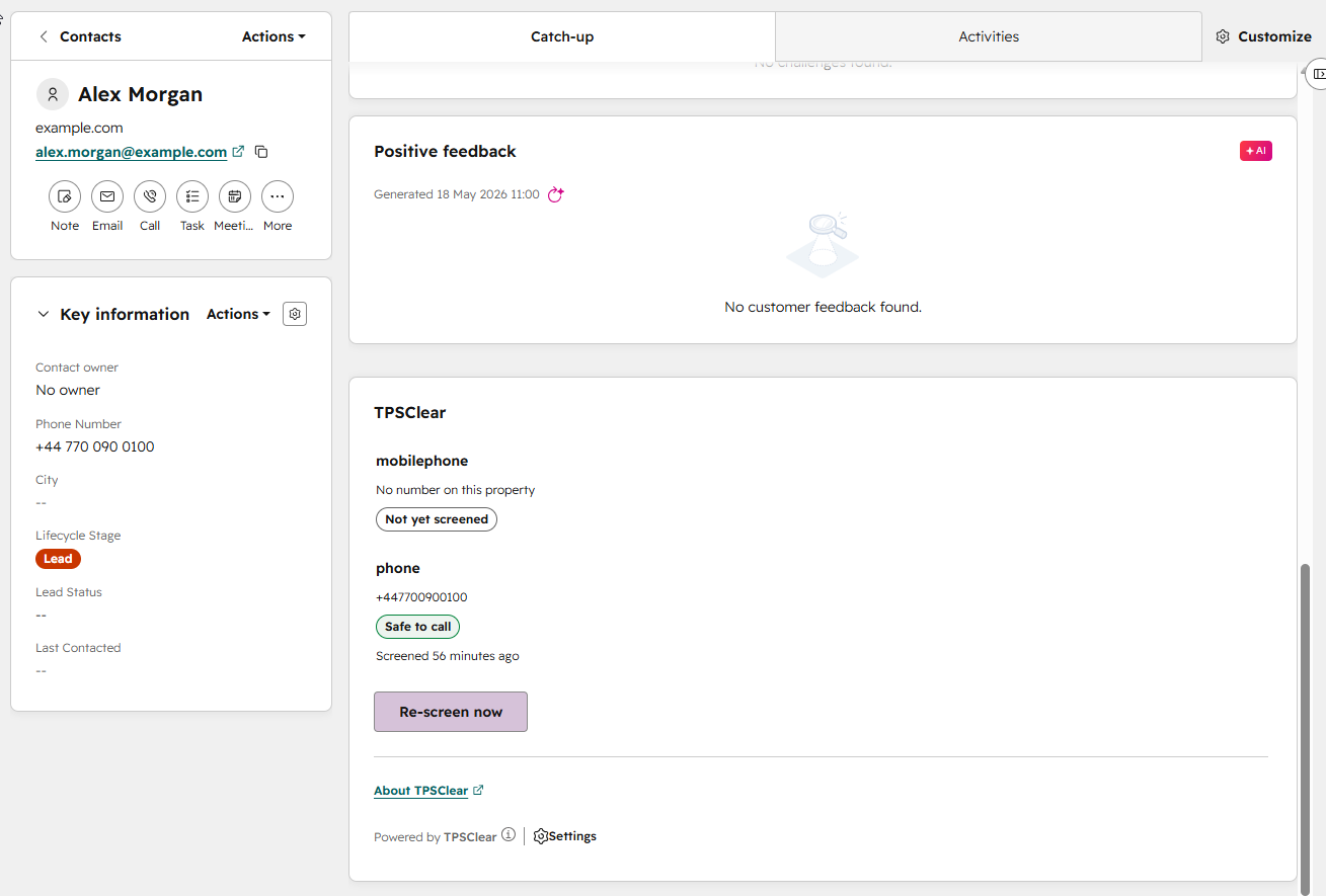 The TPSClear sidebar card on a HubSpot contact record, showing a Safe to call verdict for the phone property, the time it was last screened, and a Re-screen now button.
