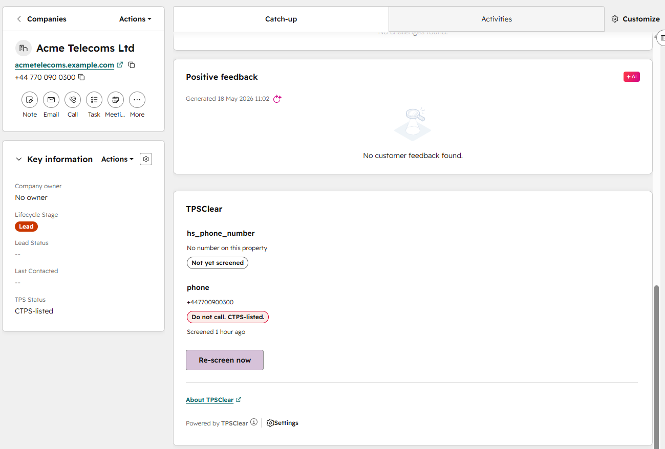 The TPSClear sidebar card on a HubSpot company record, showing a Corporate TPS (CTPS) listed verdict.