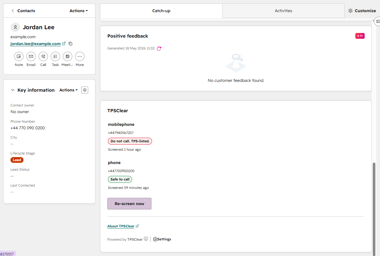 The TPSClear card on a HubSpot record with two mapped phone properties, each showing its own independent verdict.