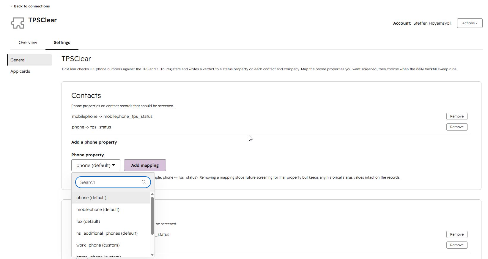 The TPSClear settings page in HubSpot, showing the Contacts panel with two phone-property mappings and the Add a phone property selector open.