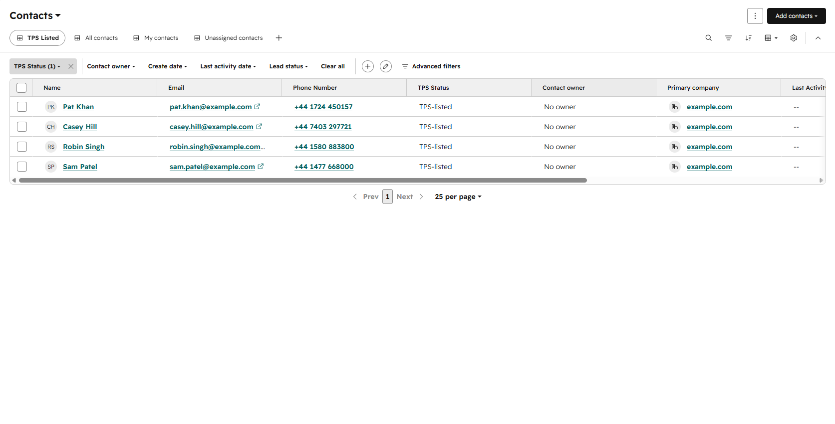 A HubSpot contact list filtered on the tps_status property to TPS-listed, showing the status property used like any native HubSpot field.