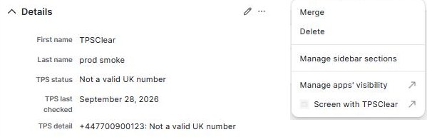 A Pipedrive person with the TPS status, TPS last checked and TPS detail fields filled in, and Screen with TPSClear in the actions menu